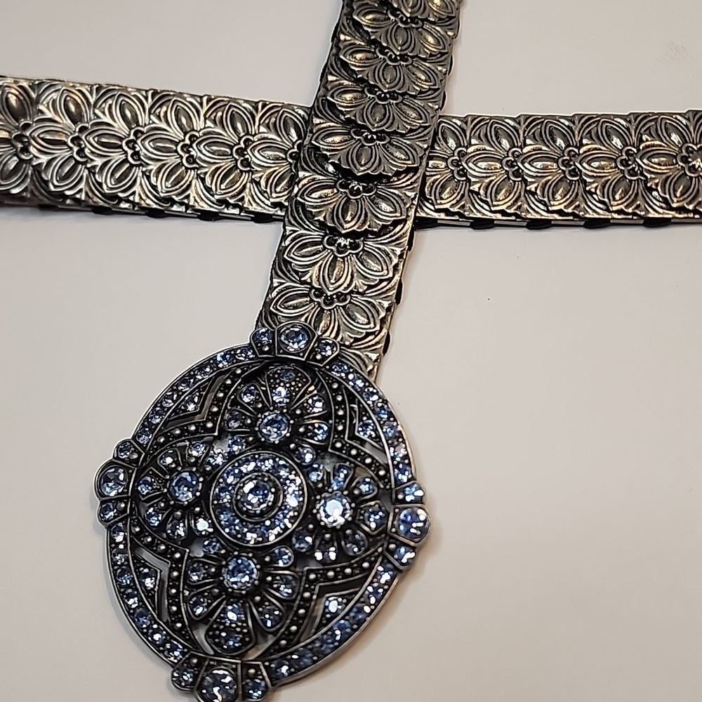 Blingy Belt Blue Shiny Rhinestone W/ Floral Crystal Buckle Stretch Black Elastic